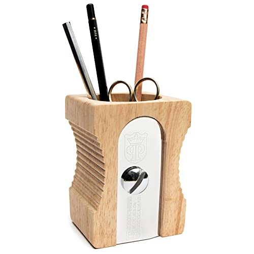 Suck UK Pen Holder - Wooden Pencil Sharpener - Stationary Organiser - Desk Tidy - Quirky Office Desk Accessories - Funny Pencil Pot Novelty Pen Holder - Vintage Teacher Gifts For Men - Light - Image 1