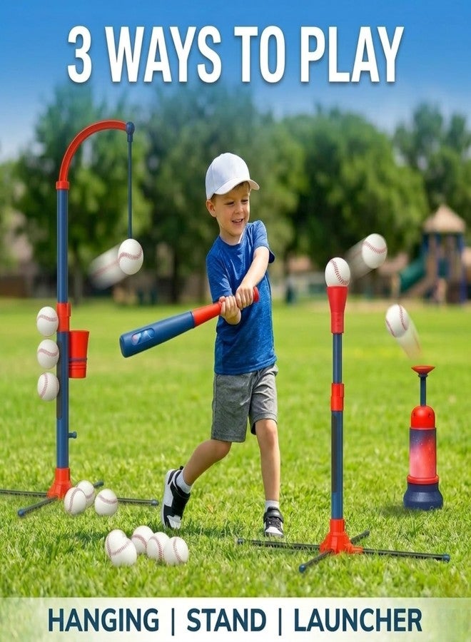 TOMLEON 3-in-1 Baseball Set for Kids and Toddlers Ages 3-5 - Includes Tee Ball Stand, Hanging Tee, Automatic Ball Launcher, and 6 Softballs - Adjustable Height for Indoor/Outdoor Play - Sports Gift for Boys - Image 2