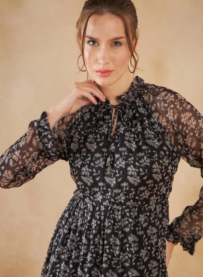 فيميلا Floral Print Tie Up Neck Tiered Maxi Dress by Styli