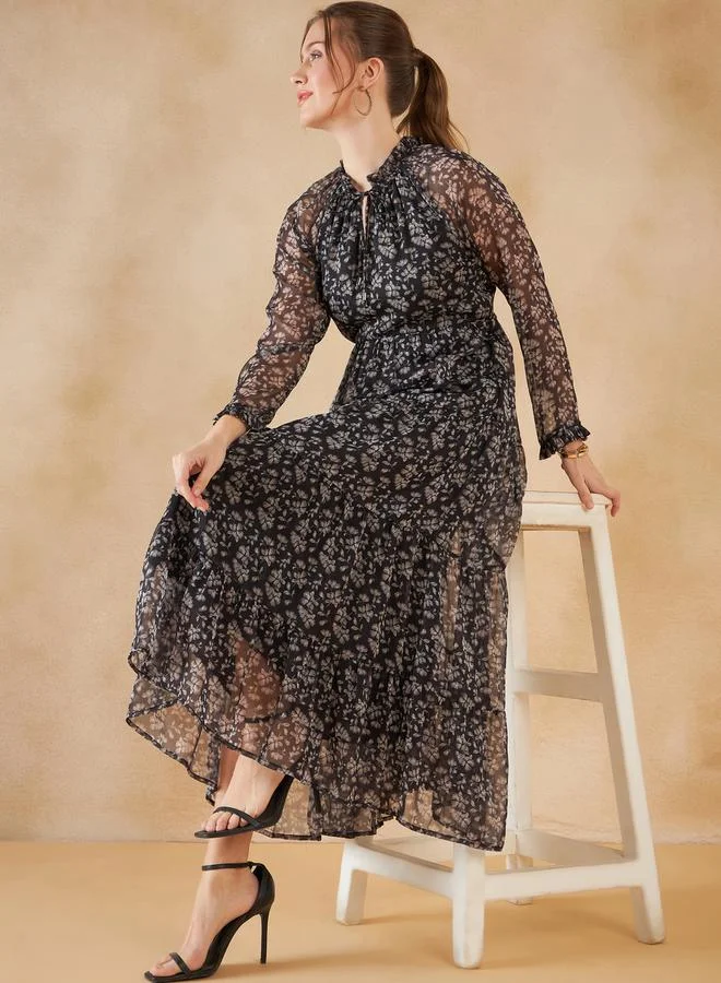 فيميلا Floral Print Tie Up Neck Tiered Maxi Dress by Styli