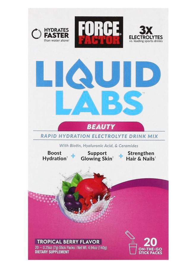 Force Factor Liquid Labs™ Beauty Rapid Hydration Electrolyte Drink Mix Tropical Berry 20 Stick Packs 0.25 oz (7 g) Each