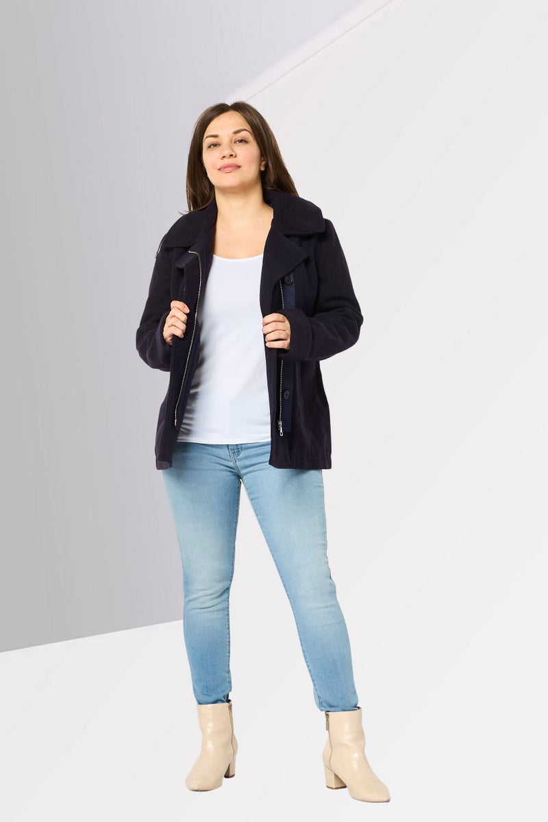 LACOSTE Women Solid Long Sleeve Softshell Jacket, Dark Navy - Image 2