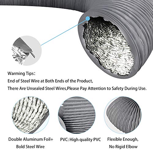 YIJUHOU 4Inch 10FT Long Flexible Aluminum Air Ducting, Heavy-Duty Grey 4 Layer Dryer Vent Hose, Dryer Duct for HVAC Ventilation,Duct Fan Systems, 2 Stainless Steel Clamps - Image 3
