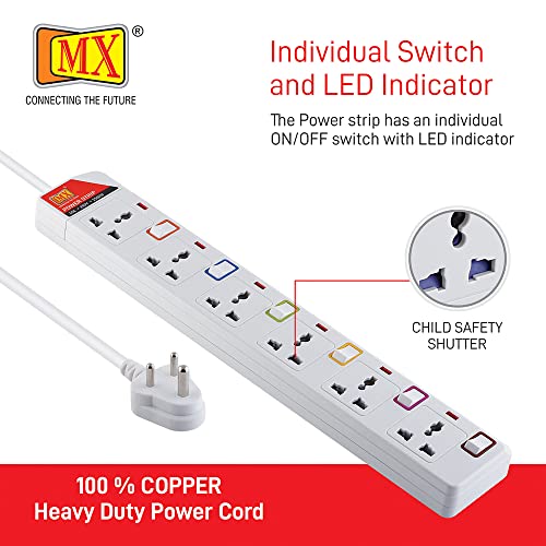 MX 6 Outlet Power Strip with Universal Socket&Led Indicator Individual Color Switch with Circuit Breaker Protection Spike Guard Extension Board with Child Safety Shutter5 - Image 5