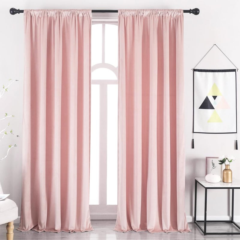 nanbowang Pink Velvet Curtains Rod Pocket  52 Inches Wide 120 Inches Long Light Blocking Window Curtain Panels Set of 2 Heat Insulated Curtains