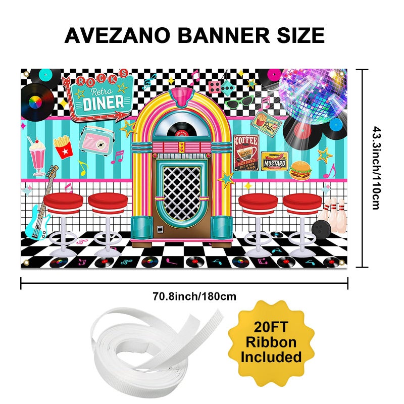 Avezano 50s Retro Diner Party Backdrop 50s Retro Rock and Roll Diner Classic Decoration Banner 1950s Sock Hop Party Decor 70.8 x 43.3 Inch - Image 3