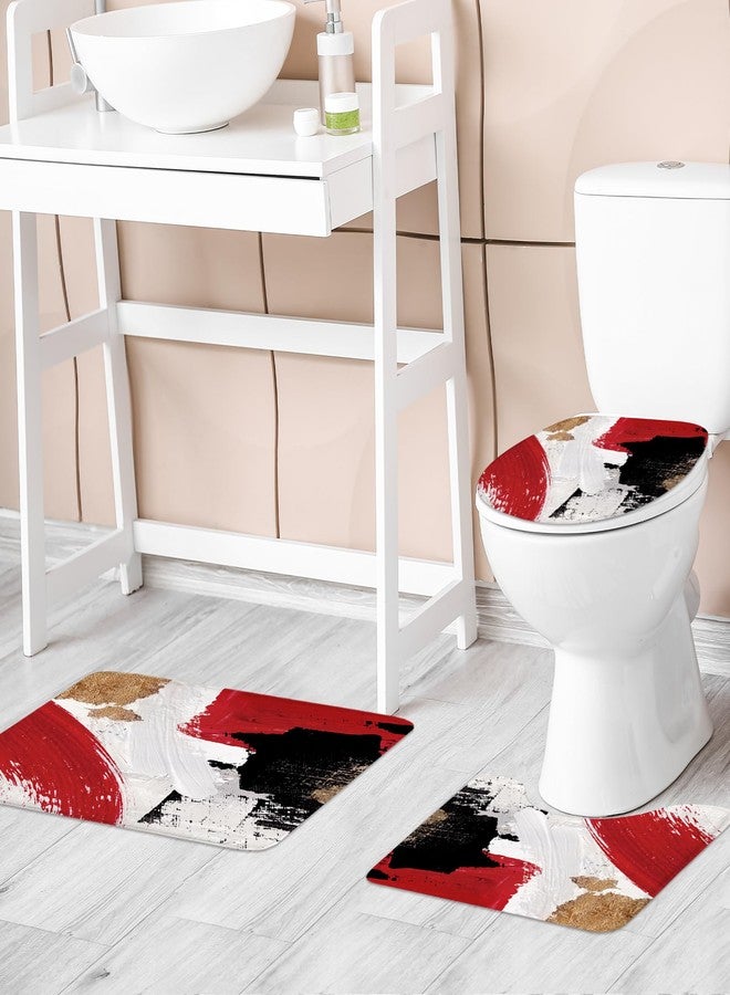 Riyidecor Red Black Gold 4Pcs Bathroom Shower Curtain Sets Abstract Modern Bathroom Decor Set with Rugs and Accessories Oil Painting Simple Aesthetic Toilet Lid Rug, Contour and Bath Mat with 12 Hooks - Image 2