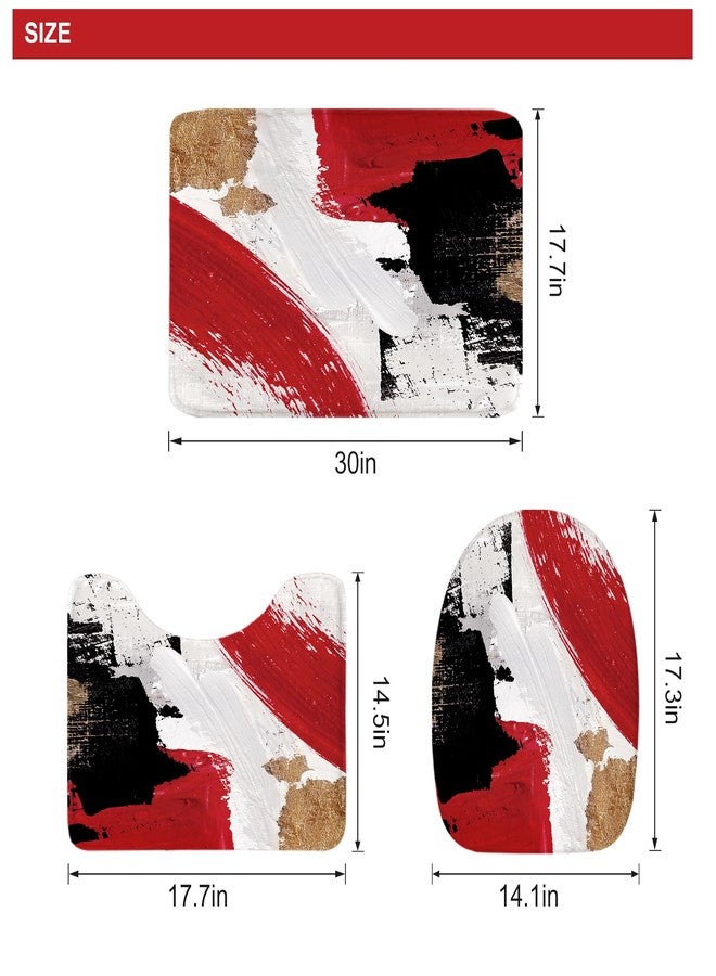 Riyidecor Red Black Gold 4Pcs Bathroom Shower Curtain Sets Abstract Modern Bathroom Decor Set with Rugs and Accessories Oil Painting Simple Aesthetic Toilet Lid Rug, Contour and Bath Mat with 12 Hooks - Image 4