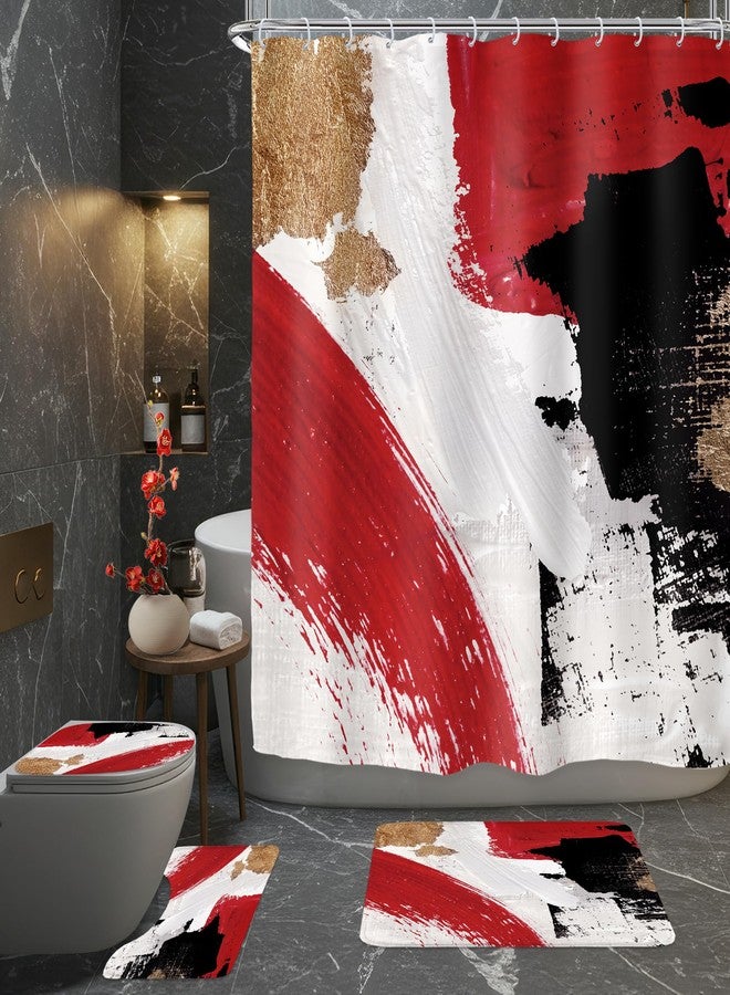 Riyidecor Red Black Gold 4Pcs Bathroom Shower Curtain Sets Abstract Modern Bathroom Decor Set with Rugs and Accessories Oil Painting Simple Aesthetic Toilet Lid Rug, Contour and Bath Mat with 12 Hooks - Image 1