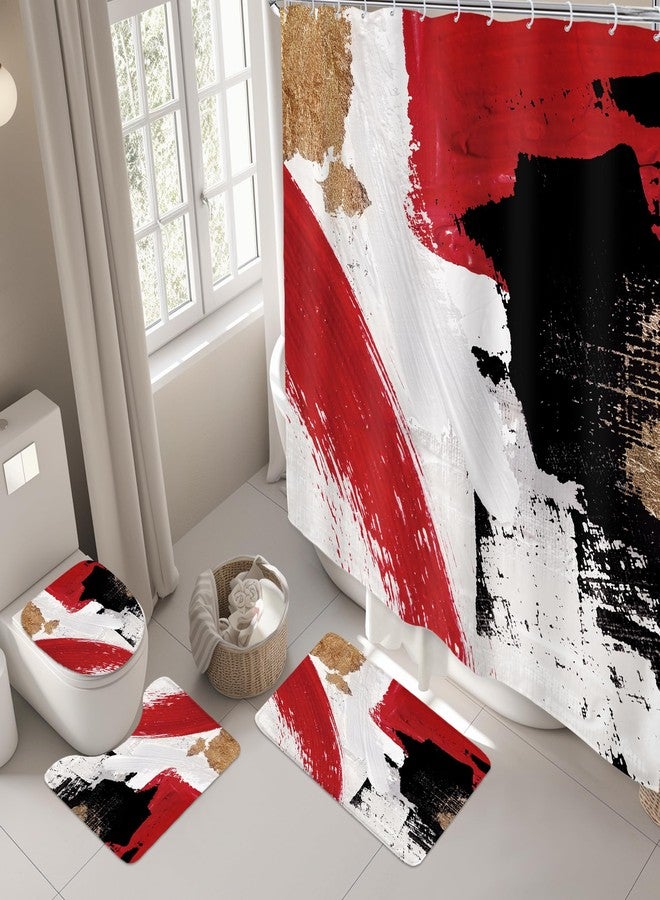 Riyidecor Red Black Gold 4Pcs Bathroom Shower Curtain Sets Abstract Modern Bathroom Decor Set with Rugs and Accessories Oil Painting Simple Aesthetic Toilet Lid Rug, Contour and Bath Mat with 12 Hooks - Image 3