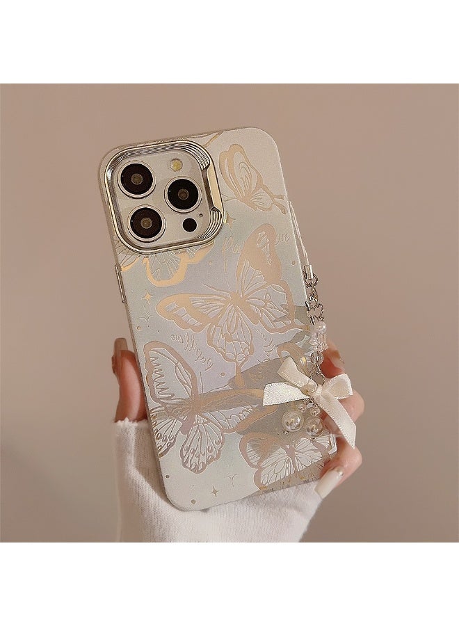 NIBEMINENT Protective TPU Case Cover For iPhone 16 Pro, Blue Green Openwork Butterfly Pendant With White Pearl Embellishments