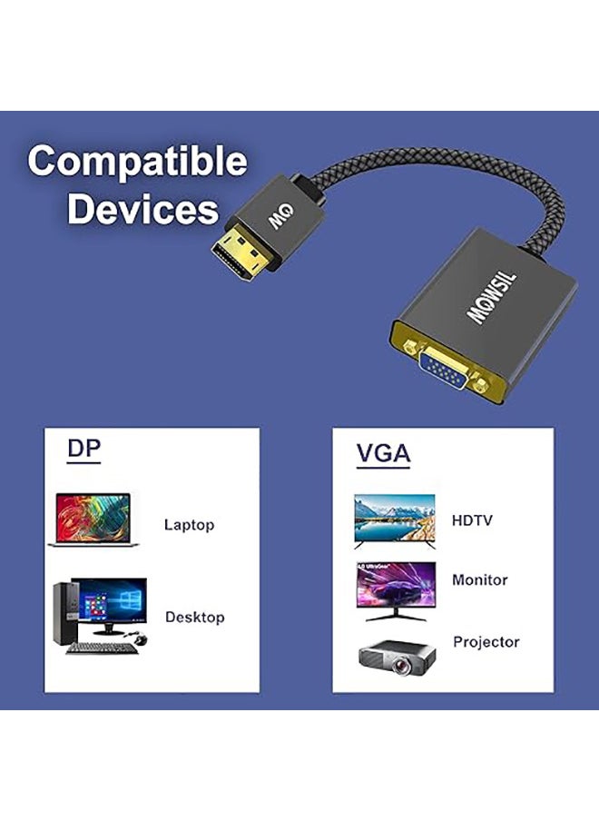 MOWSIL - DisplayPort to VGA Adapter, DisplayPort Input to VGA Output Adapter Compatible for Lenovo Dell HP and other Brand Gold-Plated Connectors, Aluminium Shell&Nylon Cable - Image 1