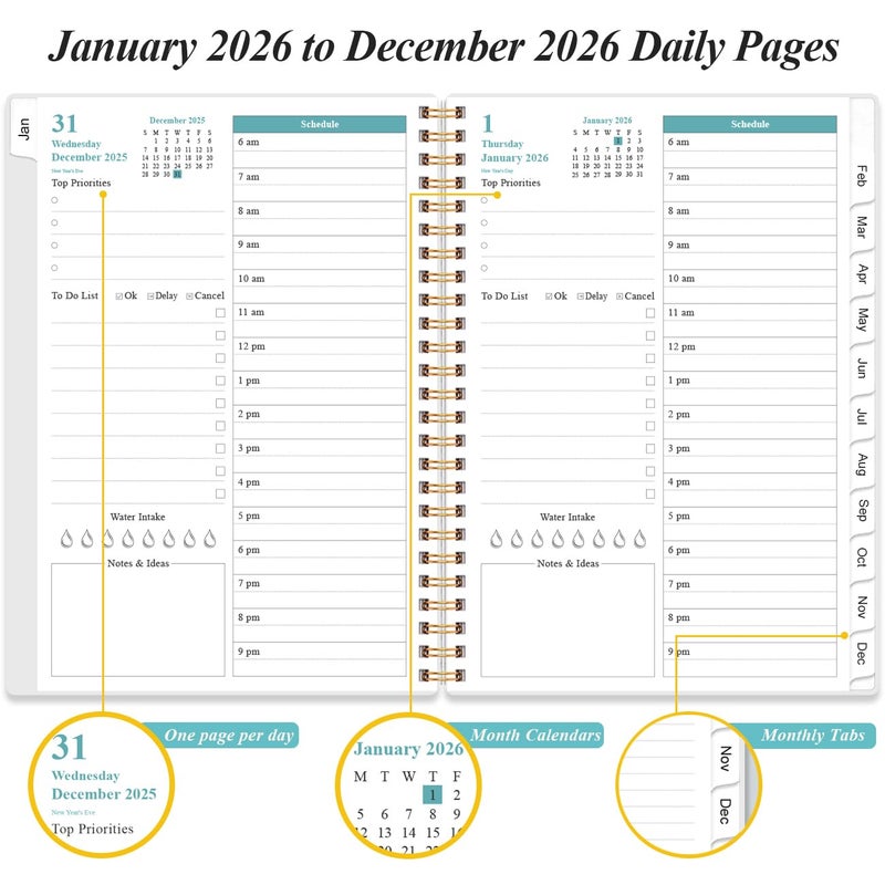 Yaridar Daily Planner 2026 Full Page Per Day- 2026 Daily & Monthly Planner from January 2026 to December 2026, Day Planner 2026 with 12 Months Tabs, 6.4" x 8,5", Pink Flowers - Image 4