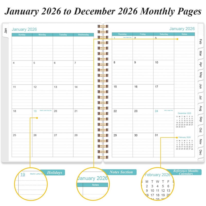 Yaridar Daily Planner 2026 Full Page Per Day- 2026 Daily & Monthly Planner from January 2026 to December 2026, Day Planner 2026 with 12 Months Tabs, 6.4" x 8,5", Pink Flowers - Image 3