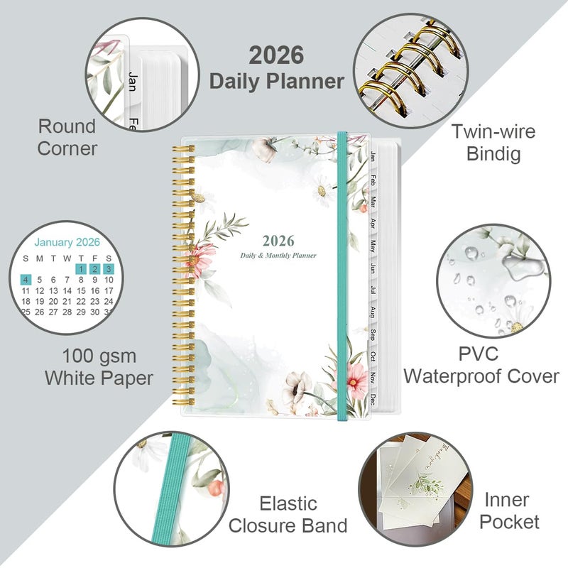 Yaridar Daily Planner 2026 Full Page Per Day- 2026 Daily & Monthly Planner from January 2026 to December 2026, Day Planner 2026 with 12 Months Tabs, 6.4" x 8,5", Pink Flowers - Image 2