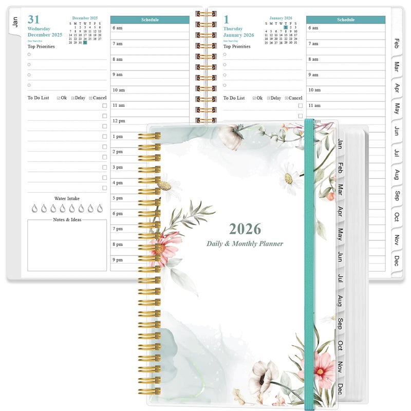 Yaridar Daily Planner 2026 Full Page Per Day- 2026 Daily & Monthly Planner from January 2026 to December 2026, Day Planner 2026 with 12 Months Tabs, 6.4" x 8,5", Pink Flowers - Image 1