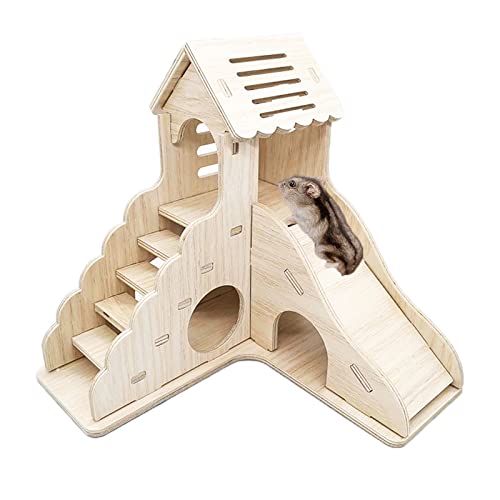 Sirvarni Hamster Hideout Cage Accessories Hamster House and Habitat Wooden Hide Hut with Climbing Ladder and Slide for Dwarf Gerbils and Mouse Mice Rat Other Small Animals etc - Image 1