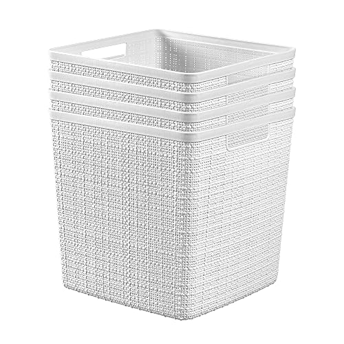 Curver Set of 4 Jute Large Cube Decorative Plastic Organization and Storage Baskets, Perfect Bins for Home Office, Closet Shelves, Kitchen Pantry and All Bedroom Essentials, White - Image 1