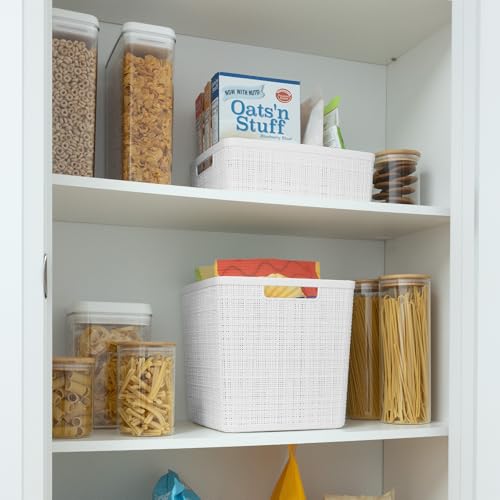 Curver Set of 4 Jute Large Cube Decorative Plastic Organization and Storage Baskets, Perfect Bins for Home Office, Closet Shelves, Kitchen Pantry and All Bedroom Essentials, White - Image 5