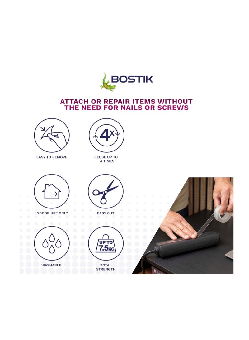 بوستيك شريط لاصق شفاف فائق القوة، شريط لاصق مزدوج الجوانب، قابل للغسل وإعادة الاستخدام، 19 مم × 1.5 متر، يدعم 1 كجم لكل 20 سم - Image 3