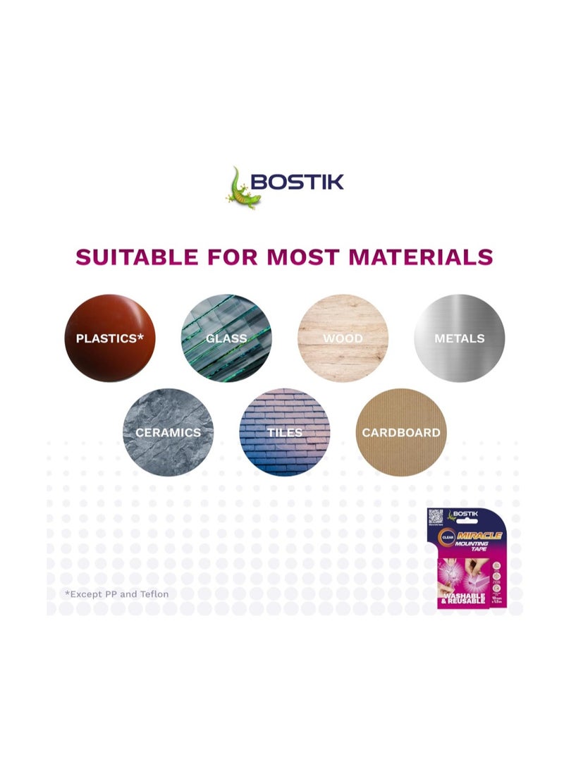 بوستيك شريط لاصق شفاف فائق القوة، شريط لاصق مزدوج الجوانب، قابل للغسل وإعادة الاستخدام، 19 مم × 1.5 متر، يدعم 1 كجم لكل 20 سم - Image 5