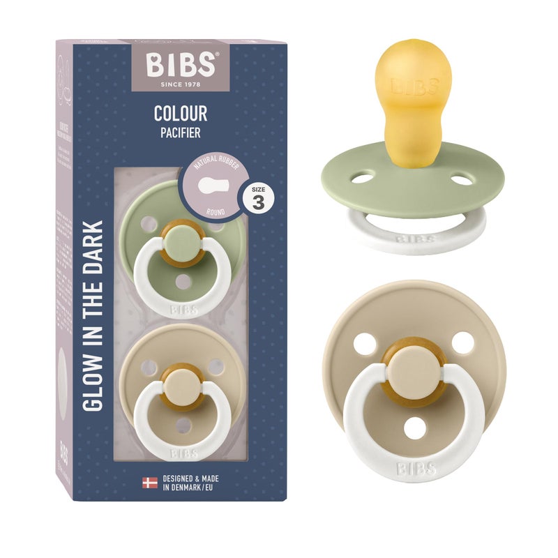 BIBS Pacifiers Colour Collection | Natural Rubber Baby Pacifier | Set of 2 BPA-Free Soothers | Made in Denmark | 18+ Months (Pack of 2) | Sage Glow/Vanilla Glow - Image 1