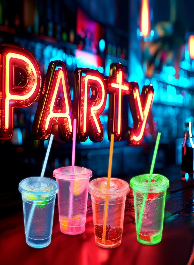 Jingmore 100 Pack 12 oz Neon Plastic Glowing Party Cups with Lids and Straws Multicolor Disposable Clear glow in the dark Cups for Blacklight Holiday Carnivals Party Cold Drinks Smoothie Coffee - Image 5