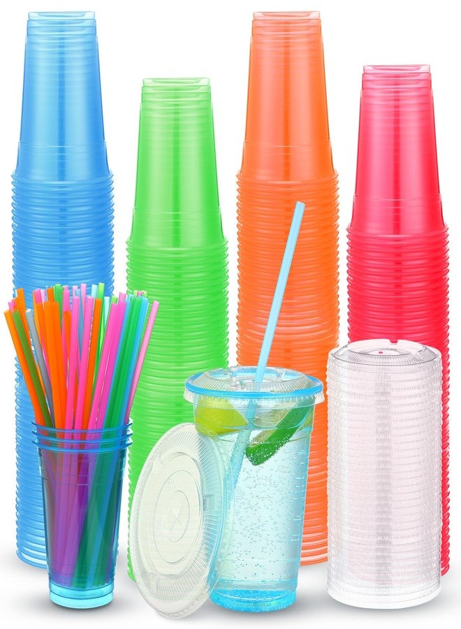 Jingmore 100 Pack 12 oz Neon Plastic Glowing Party Cups with Lids and Straws Multicolor Disposable Clear glow in the dark Cups for Blacklight Holiday Carnivals Party Cold Drinks Smoothie Coffee - Image 1