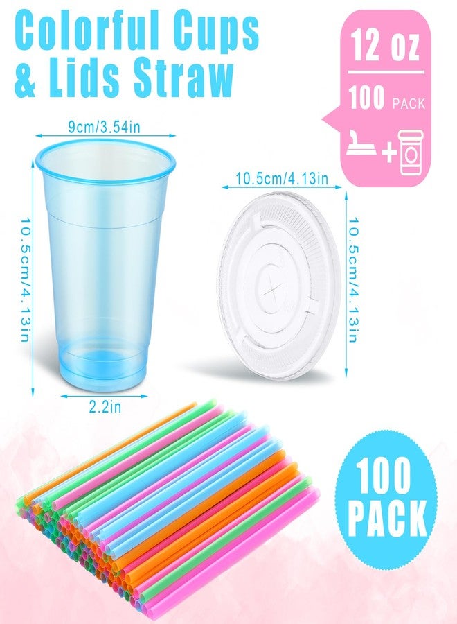 Jingmore 100 Pack 12 oz Neon Plastic Glowing Party Cups with Lids and Straws Multicolor Disposable Clear glow in the dark Cups for Blacklight Holiday Carnivals Party Cold Drinks Smoothie Coffee - Image 2