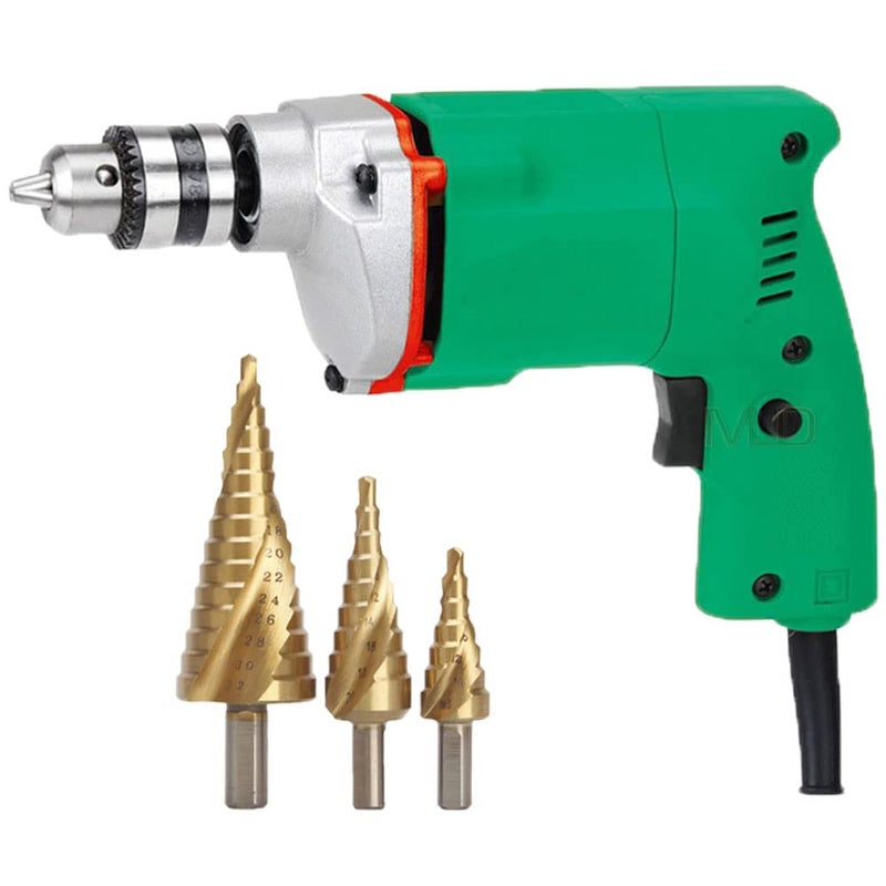 MLD مثقاب كهربائي يدوي MLD 350W450W صغير 10 مم مع مجموعة 3 قطع من بتات مخروطية للخشب والمعادن والخرسانة - Image 1