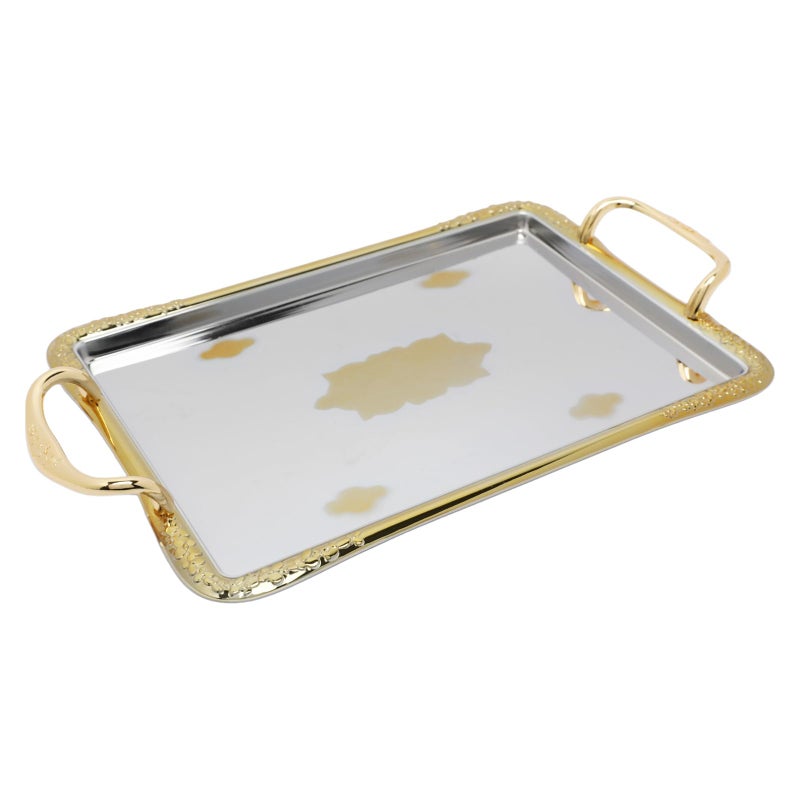Soleter 3-Piece Chrome & Gold Metal Serving Tray Set - Rectangular Stainless Steel Trays with Dual Gold Handles, Textured Border & Mirrored Center with Medallion Pattern, Premium Home Decor for Entertaining, Weddings & Special Occasions - Image 3
