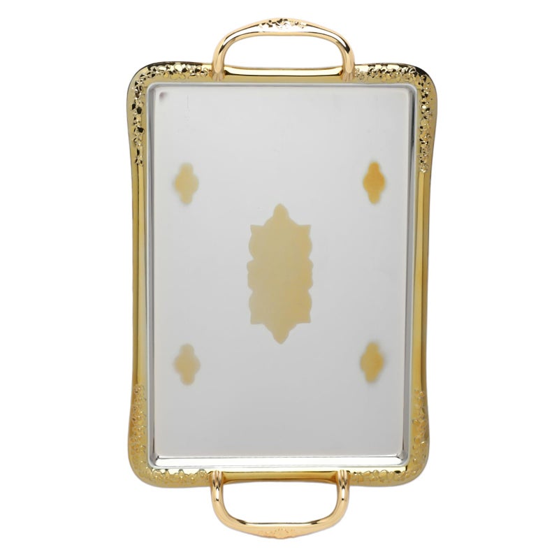 Soleter 3-Piece Chrome & Gold Metal Serving Tray Set - Rectangular Stainless Steel Trays with Dual Gold Handles, Textured Border & Mirrored Center with Medallion Pattern, Premium Home Decor for Entertaining, Weddings & Special Occasions - Image 4