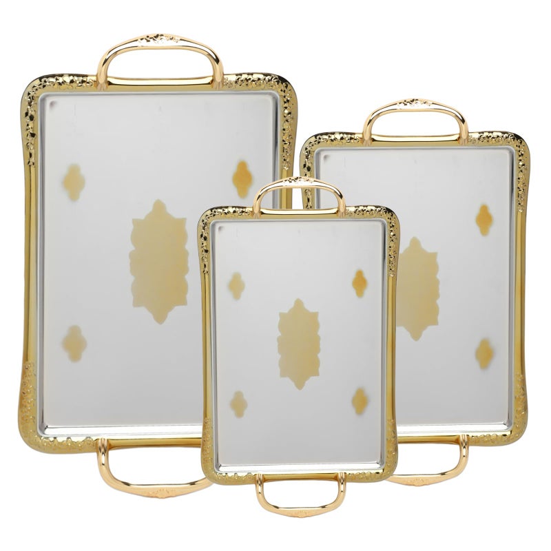 Soleter 3-Piece Chrome & Gold Metal Serving Tray Set - Rectangular Stainless Steel Trays with Dual Gold Handles, Textured Border & Mirrored Center with Medallion Pattern, Premium Home Decor for Entertaining, Weddings & Special Occasions - Image 1
