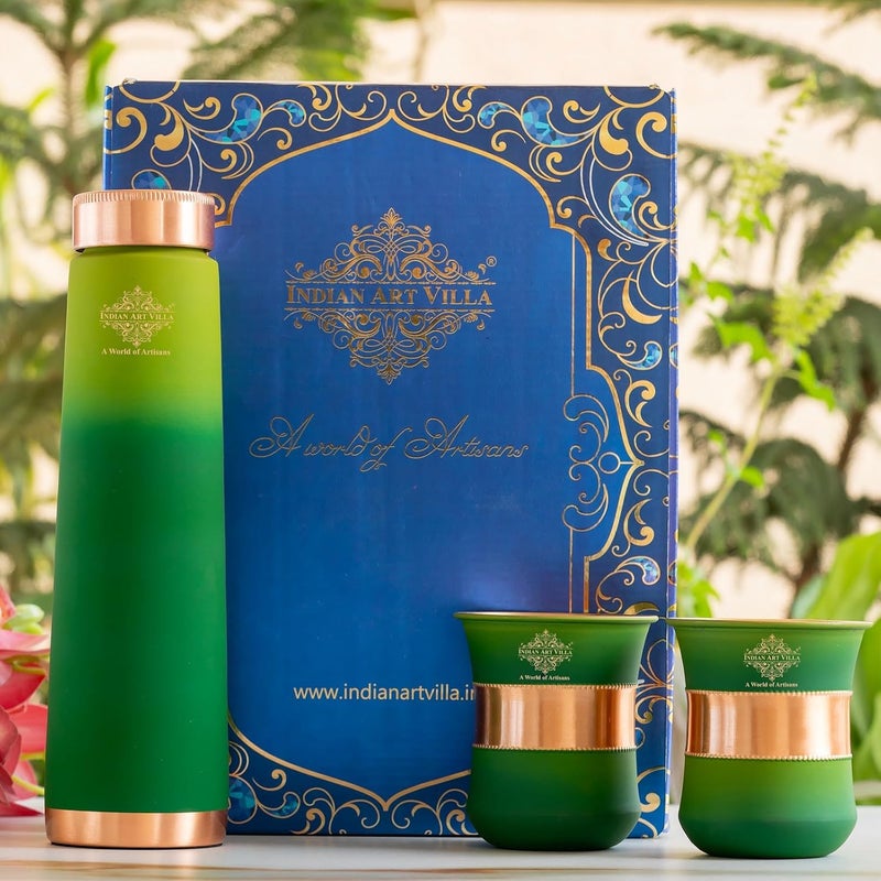 INDIAN ART VILLA INDIAN ART VILLA Copper Bottle Glass Gift Set 800 ml Water Bottle 2 Glasses 300 ml Each Green Pyramid Ombre Silk Finish Perfect for Gifting Everyday Use  - Image 1