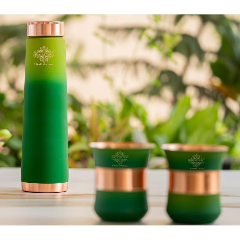INDIAN ART VILLA INDIAN ART VILLA Copper Bottle Glass Gift Set 800 ml Water Bottle 2 Glasses 300 ml Each Green Pyramid Ombre Silk Finish Perfect for Gifting Everyday Use  - Image 4