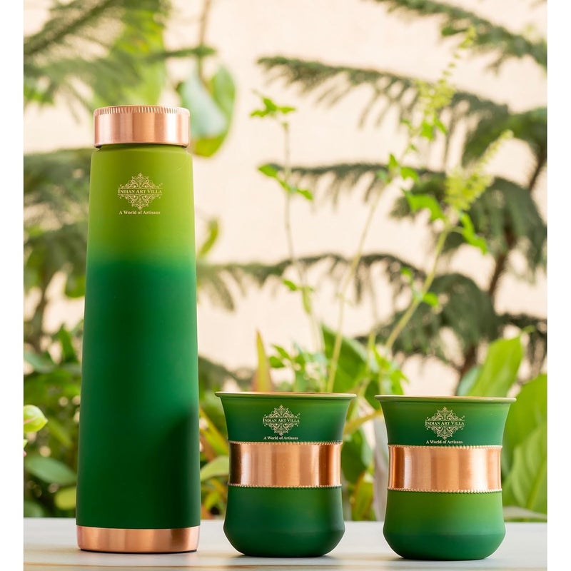 INDIAN ART VILLA INDIAN ART VILLA Copper Bottle Glass Gift Set 800 ml Water Bottle 2 Glasses 300 ml Each Green Pyramid Ombre Silk Finish Perfect for Gifting Everyday Use  - Image 2
