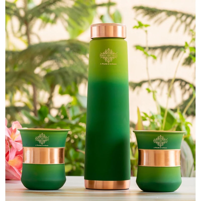 INDIAN ART VILLA INDIAN ART VILLA Copper Bottle Glass Gift Set 800 ml Water Bottle 2 Glasses 300 ml Each Green Pyramid Ombre Silk Finish Perfect for Gifting Everyday Use  - Image 3