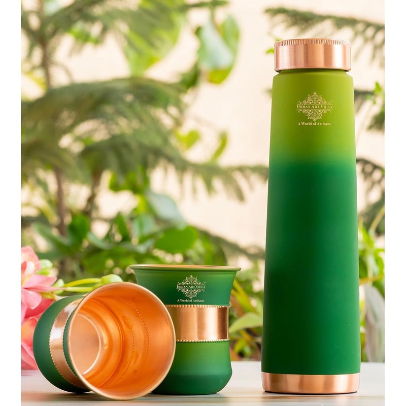 INDIAN ART VILLA INDIAN ART VILLA Copper Bottle Glass Gift Set 800 ml Water Bottle 2 Glasses 300 ml Each Green Pyramid Ombre Silk Finish Perfect for Gifting Everyday Use  - Image 5