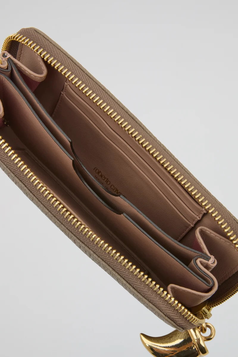روبرتو كافالي Roberto Cavalli Tan Zip-Around Wallet with Gold-Tone Charm