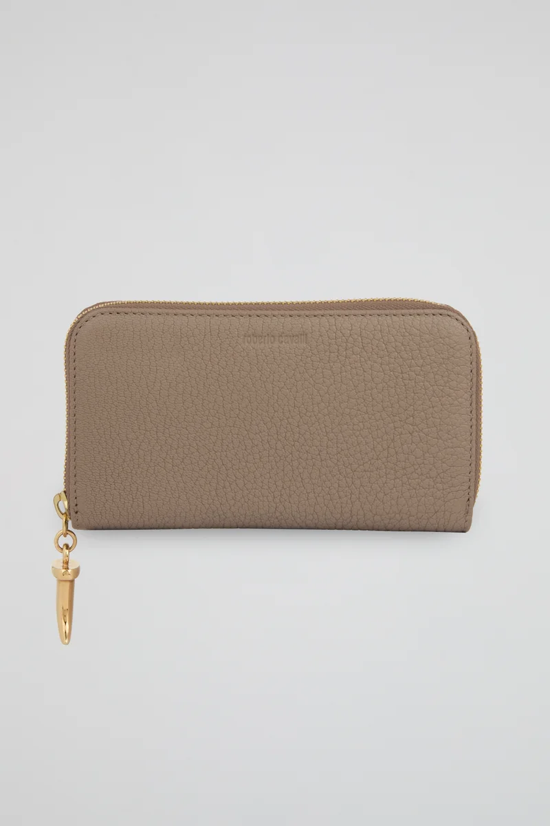 روبرتو كافالي Roberto Cavalli Tan Zip-Around Wallet with Gold-Tone Charm