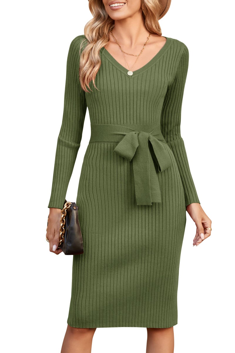 Newshows Womens 2025 Sweater Dress Long Sleeve Fall Midi Ribbed Knit Winter Belted Bodycon Dresses Work Clothes(Army Green,M) - Image 1