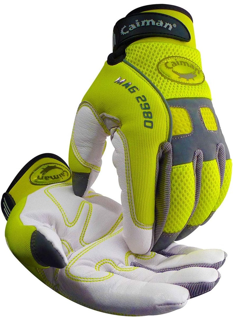Caiman Caiman MAG HiVis Goat Grain Leather MultiActivity Gloves AirMesh Back Padded Palms HiVis YellowWhite Large 29805  - Image 1