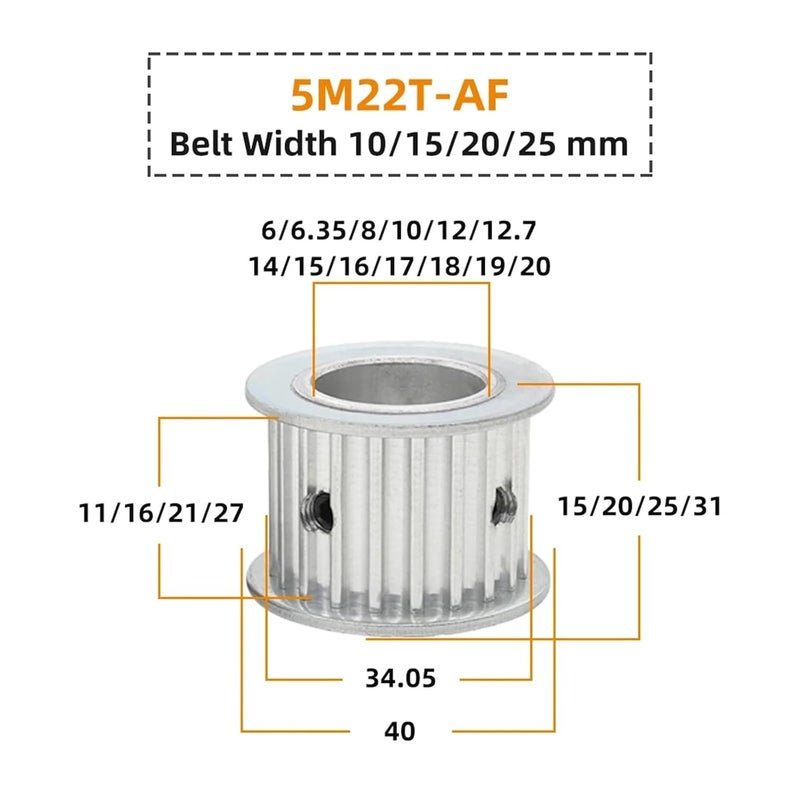 5M22T بكرة عجلة قوس دائري سن AF مزدوج الجانب عجلة متزامنة مسطحة عرض الحزام 10/15/20/25 مم قطر التجويف 5-22 مم جوي فول (15x5x2.3 مم، عرض الحزام 20 مم) - Image 3