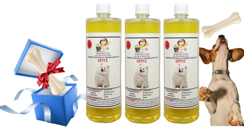 swacch Shampoo | Puppy Safe Shampoo | Spitz Dog Shampoo (1 Litre) (Pack of 3) Lemon + Large White Bone | Dog Chew Bones | Teething chew Toy | Dental Teething |Combo Pack - Image 1