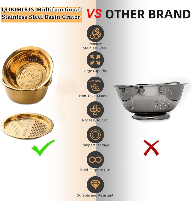 QOBIMOON QIBORUN 3PC/Set Colander Set Stainless Steel Vegetable Slicer Fruit Potato Peeler Carrot Grater Strainer Utensil Round Rice Washer Bowl Drain Basket-Gold - Image 3