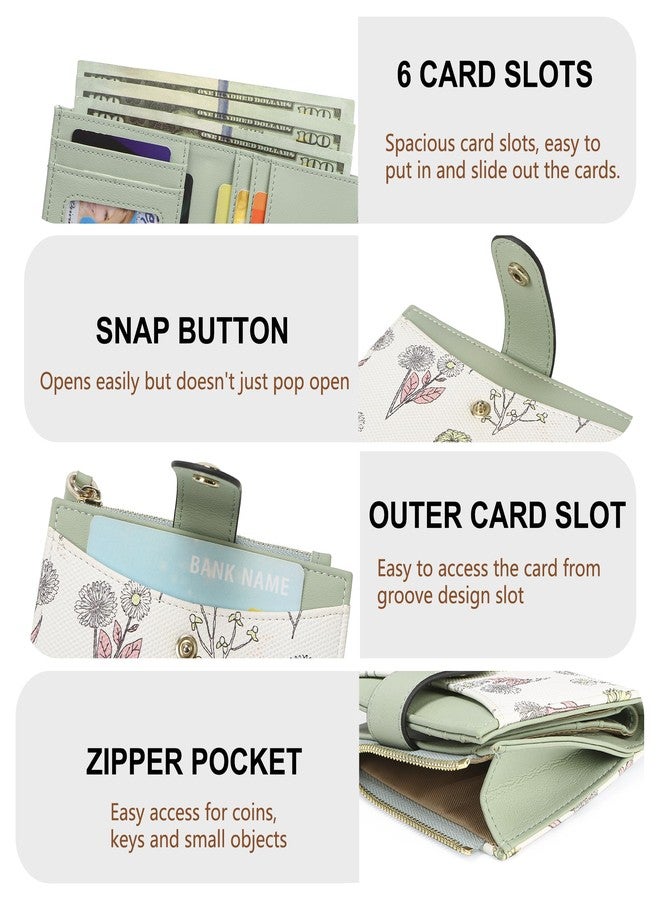 yiijay Small Wallet for Women RFID Blocking Tassle Bifold Slim Thin Leather Wallet Credit Card Holder Wallet Ladies Mini Wallet with Zipper Pocket, 1Flora Green, Small Compact Wallet for Women - Image 3