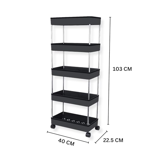 PULSBERY Plastic Multipurpose Storage Organizer Slim Rack Shelf With Wheels For Living Room, Office, Bedroom, Bathroom, Kids Room, Kitchen Trolley (Black, 5 Layer) - Image 2