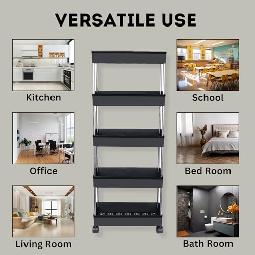 PULSBERY Plastic Multipurpose Storage Organizer Slim Rack Shelf With Wheels For Living Room, Office, Bedroom, Bathroom, Kids Room, Kitchen Trolley (Black, 5 Layer) - Image 4