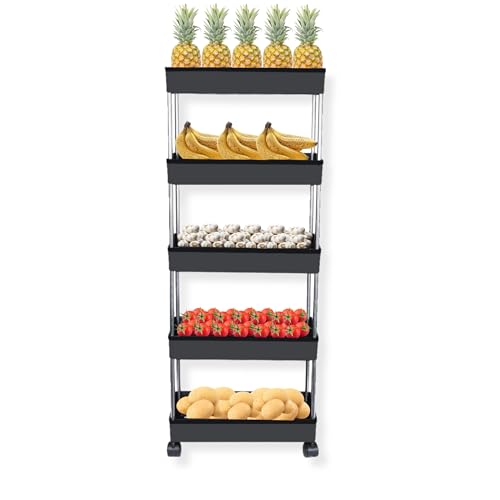 PULSBERY Plastic Multipurpose Storage Organizer Slim Rack Shelf With Wheels For Living Room, Office, Bedroom, Bathroom, Kids Room, Kitchen Trolley (Black, 5 Layer) - Image 1