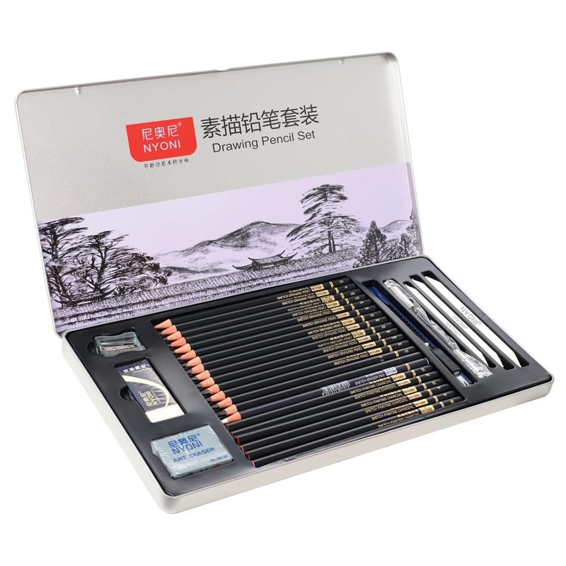 NYONI Sketching Pencils Set Iron box packaging Including Graphite Charcoal Pencils and Blending Stumps etcA set with 29pieces